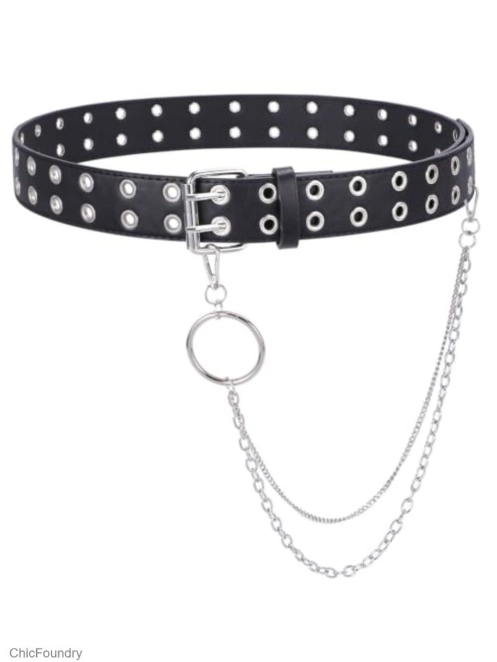 PU Leather Double Prong Belt with Chain Punk Rock Waist
